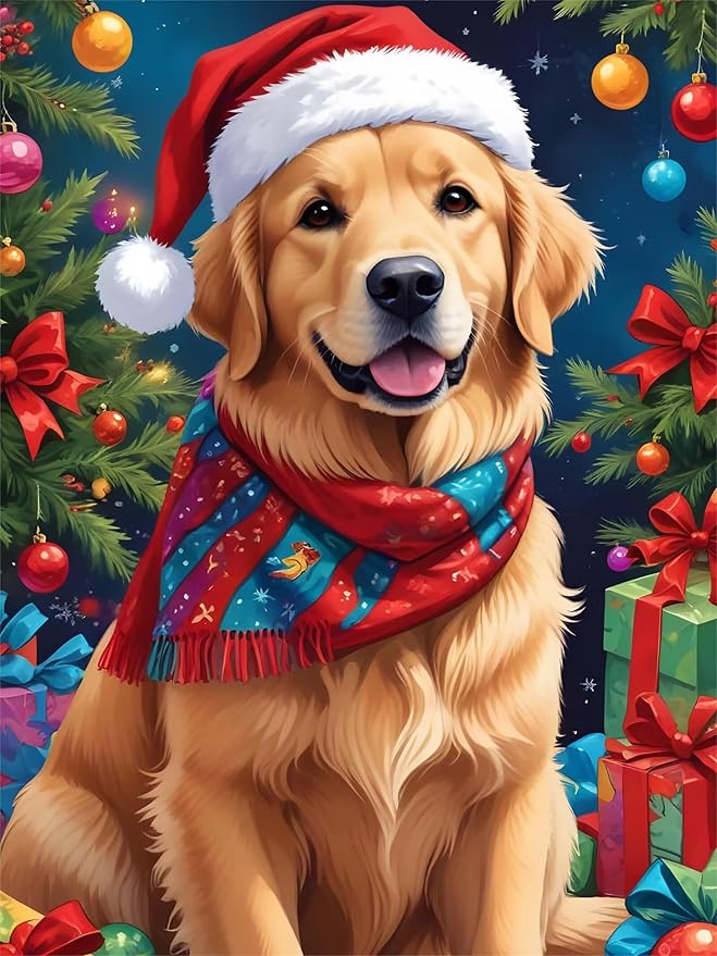 QZOTRXI 5D Dog Santa Hat Diamond Painting Kits for Adults, Full Drill Diamond Art Gift, DIY Christmas Dog Gem Pictures Paint Diamond Art Craft for Home Wall Decor 16x20 Inch