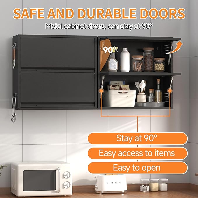 Metal Garage Wall Cabinet with Up-Flip Door, Black Float Tool Cabenit with 2 Doors,Upper Storage Cabinets with Pegboard for Kitchen,Garage,Workshop,Warehouse (25.6" H,Black)