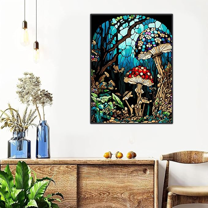 Mushroom Paint by Numbers Kit for Adults Beginners- DIY Acrylic Stained Glass Adult Paint by Number Kits on Canvas, Oil Painting by Numbers Kit for Home Decor Gifts 12x16 inch Framed and Easel