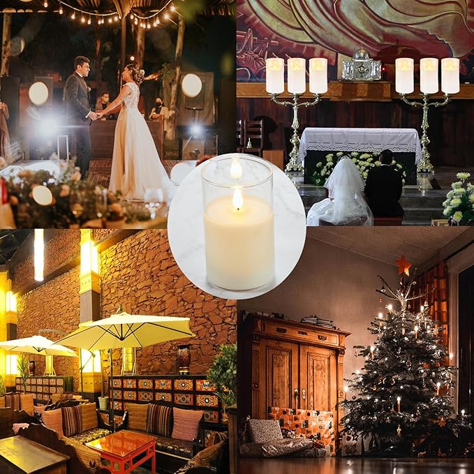 Flickering Flameless Candles, Battery Operated Candles with 3D Wick, Last 1000+ Hours LED Candle with Remote and Timer, Rechargeable Candle Real Wax White Glass, Home Decor 3" x 5"
