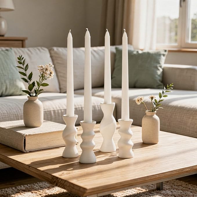Viyffo Taper Candles, 12 Inch, 4 Pack, White – Unscented, Dripless & Smokeless Design, Up to 8-Hour Burn – Tall Candlesticks for Wedding, Dinner & Home Decor