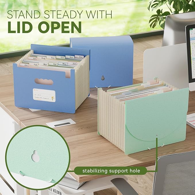 EcoStash Accordion File Organizer, 12-Pocket Wheat Straw Expanding File Folder, Portable Monthly Bill & Tax Receipt Organizer, Letter/A4 Size Document Holder with Colorful Tabs-Mint Green