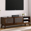 Amposei Mid Century Modern Wooden TV Stand Entertainment Center for 55/60/65 inch TVs, Sliding Rattan Door Console Storage Cabinet with Wood Legs for Living Room, Walnut