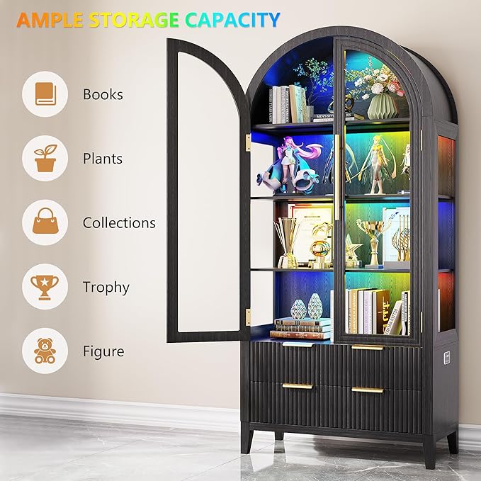 LVSOMT 71" Tall Arched Storage Cabinet with Glass Doors and Drawers, Curio Display Cabinet with Adjustable RGB Light & Human Sensor, 4-Tier China Cabinet for Living Room(Black)