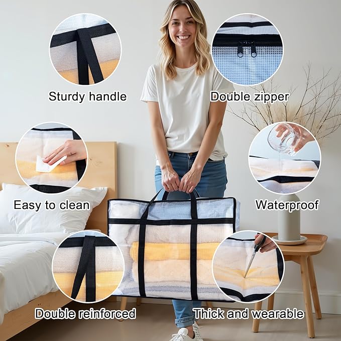 6 Pack Clear Blanket Storage Bags, Plastic Comforter Clothes Storage Bags Underded Moving Bags Closet Organizers and Storage Zippered Sturdy Handle for Bedding, Clothes, Linen, Toys, Quilt, Duvet 40L
