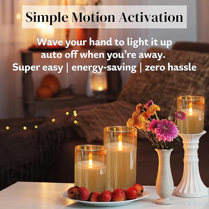JMTONE Two Months Rechargeable Flameless Candle, Auto Switch On/Off, Rechargeable Glass Candle with Motion Sensor and Remote, Ideal Kids Adults for Home Living Room Decor, Ideal Gift for Women