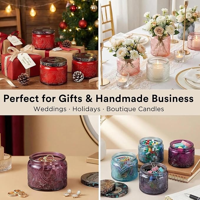 LumaCraft Luxury Embossed Glass Candle Jars for Making Candles - 12 Pack Empty Candle Containers with Airtight Metal Lids, 20 Wicks & 20 Stickers, Colored Glass Jars for Gifts & Decor-4OZ/Mix-Color