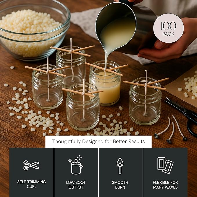 6" Eco Candle Making Wicks, Self-Trimming Design, Coreless Cotton Wicks for Candle Making, Ideal for DIY, Ideal for Low Melt-Point Waxes, Size ECO-12, Pack of 100