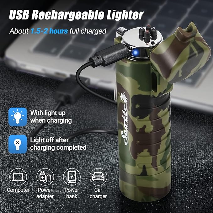Scotte Plasma Windproof arc Lighter Electric Lighter and LED Flashlight - 2 in 1(Army Green)