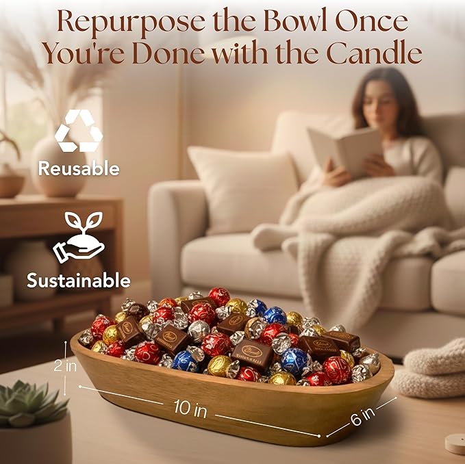 Dough Bowl Candle Co. Honeysuckle Jasmine Soy Candle - 3 Wick Rustic Farmhouse Coffee Table Decor, Odor Eliminator in Wooden Bowls, 20 Oz Wooden Dough Bowl Candle, All-Natural Gifts for Women or Men