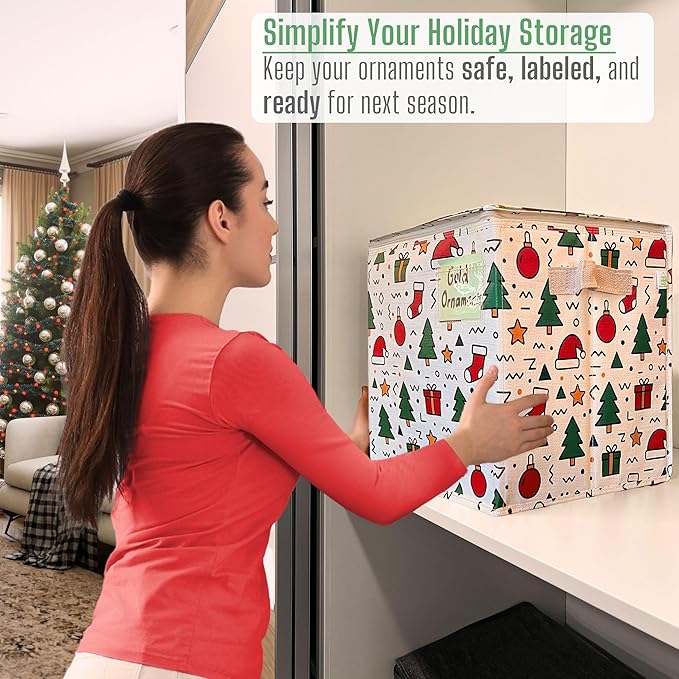 VENO 2 Pack Christmas Ornament Storage Box, Stores up to 64 Holiday Ornaments, Adjustable Dividers, Zippered Top, Storage bins with lids for holiday decorations-3 Inch Cube Compartments (Jingle Mix)