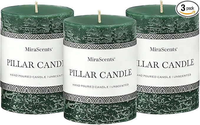 3x4 Inch Dark Green Pillar Candles Set of 3 - Hand-Poured Unscented Candles, Long Clean Burning, Dusty Sage Candle, Smokeless Dripless Candle for Dinner Table, Wedding, Home, Rustic Decor