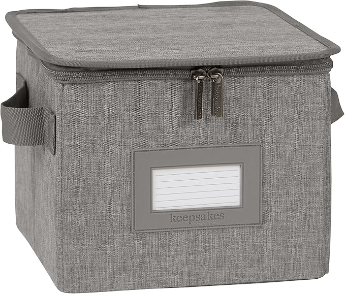 Covermates Dish Storage Box – China & Dinner Plate Storage Container with Dual Zippers, Reinforced Handles, ID Window & Stackable Structured Walls for Dishware Organization, Grey Heather