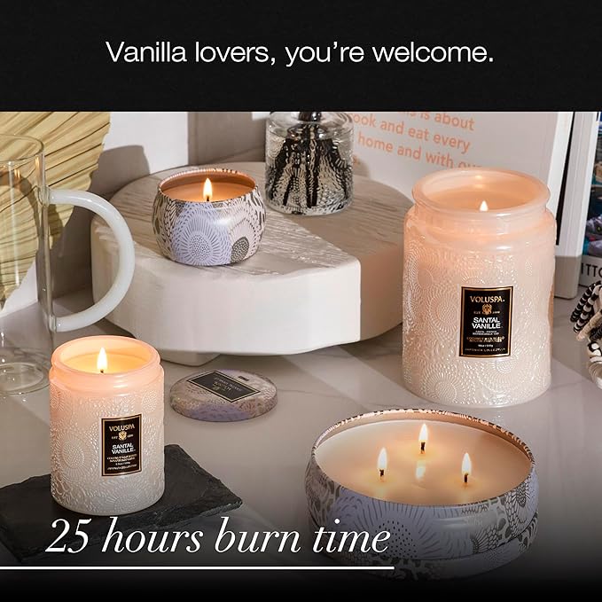 Voluspa Santal Vanille, Mini Tin Candle, 4 Ounce, 25 Hour Burn Time, Coconut Wax for Clean Burning, Handcrafted in The USA