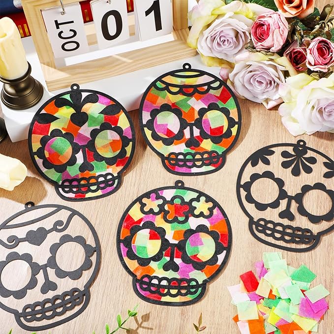 Qyeahkj 36 Set Day of The Dead Suncatchers Crafts for DIY Skull Window Tissue Paper Craft Kit Hanging Decor for Mexico Home Activity Art Project Birthday Party Favor Gift