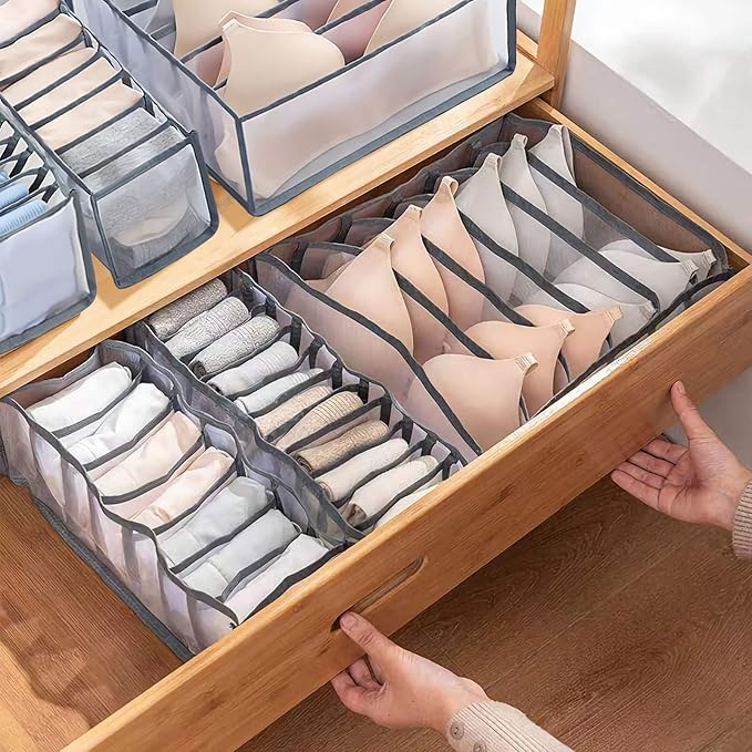 6 Pcs Underwear Drawer Organizer, Foldable Underwear Storage Divider Boxes 6/7/11 Cell Closet Clothing Organizers for Bras Panties Ties Socks Scarves Clothes