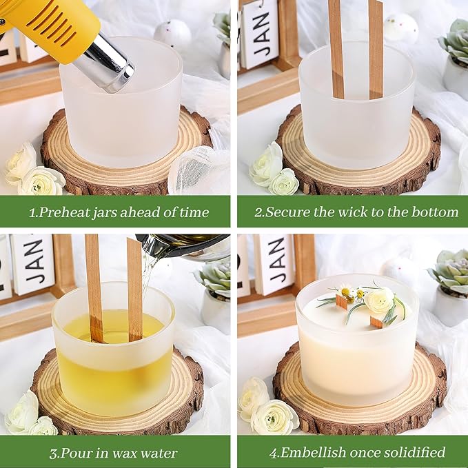 CONNOO 6-Pack 16 oz Candle Jars - 3-Wick Frosted Empty Glass Wide Mouth Candle Jars Come with Bamboo Lids, Sticky Warning Labels, and a Candle Wick Kit for Candle Making - Dishwasher Safe