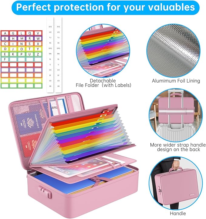 ENGPOW Fireproof File Organizer Bag with 13 Colorful Pockets Accordion File Folder,5200℉ Document Organizer Box with Lock&Labels,Multi-Layer Portable Home Safe Storage for Important Documents,Pink