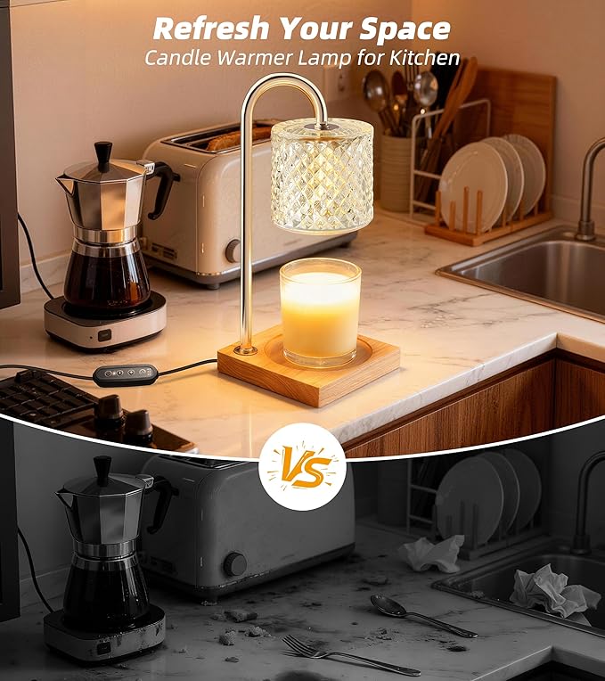 TigQiang Candle Warmer Lamp, Candle Lamp Wax Warmer, Timer & Dimmer 7-Levels, Fits Cup Jar Candle, Top Melting, Crystal Heater Lamp for Scented Wax, Elegant Home Decor, Clear Glass