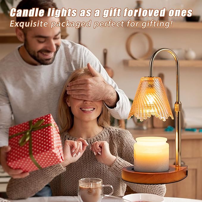 Candle Warmer Lamp with Timer Dimmable,Glass lampshade and Water-Drop-Shaped Wooden Base,Height Adjustable Candle Warmer with 2 Bulbs,Gifts for Women Mom,House Warming Gifts New Home Bedroom Decor