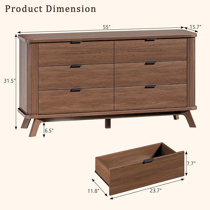 HUAHUU Fluted 6 Drawers Dresser for Bedroom, 55" Mid Century Modern Dresser & Chests of Drawers, Curved Profile Design, Dresser TV Stand, for Entryway, Hallway, Walnut