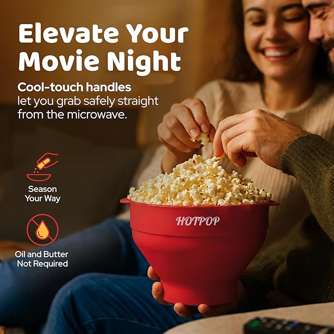 The Original HotPop Silicone Popcorn Maker - Microwave Popcorn Popper - Collapsible Bowl, Heat-Resistant, Easy to Clean, Ideal for Family Movie Nights, 15-Cup Capacity - Cherry (Pack of 2)