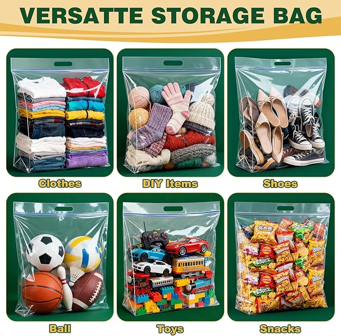 TUXIYA 5 PACK Extra Large Storage Bags, 10 Gallon 24"x20"x7", Resealable Clear Bags with Handle, XL Heavy Duty for Clothes Travel Moving, Double Zipper Seal, Expandable Bottom, Thick 8 Mils