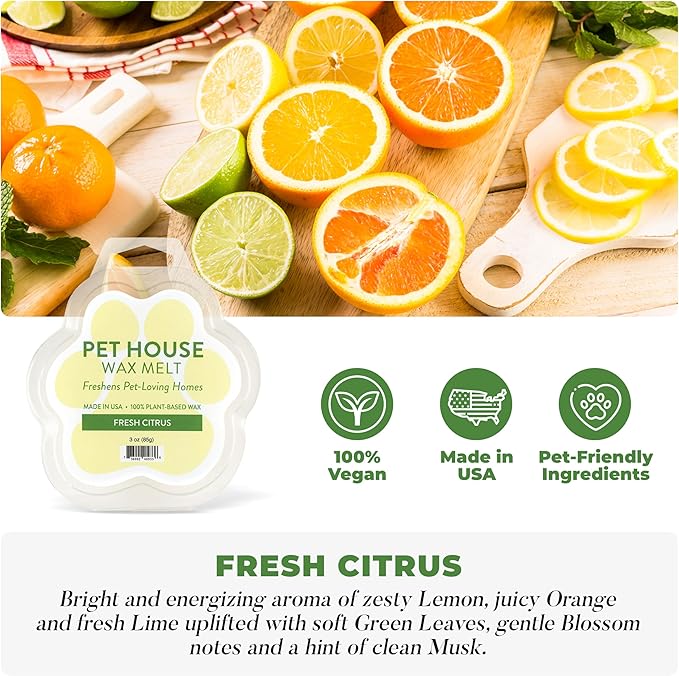 Pet House Wax Melts, Long-Lasting Scented Pet-Friendly Wax Melts, Natural Pet Odor Solution for A Fresh Smelling Home, Fresh Citrus, 3 OZ Each, 4 Pack