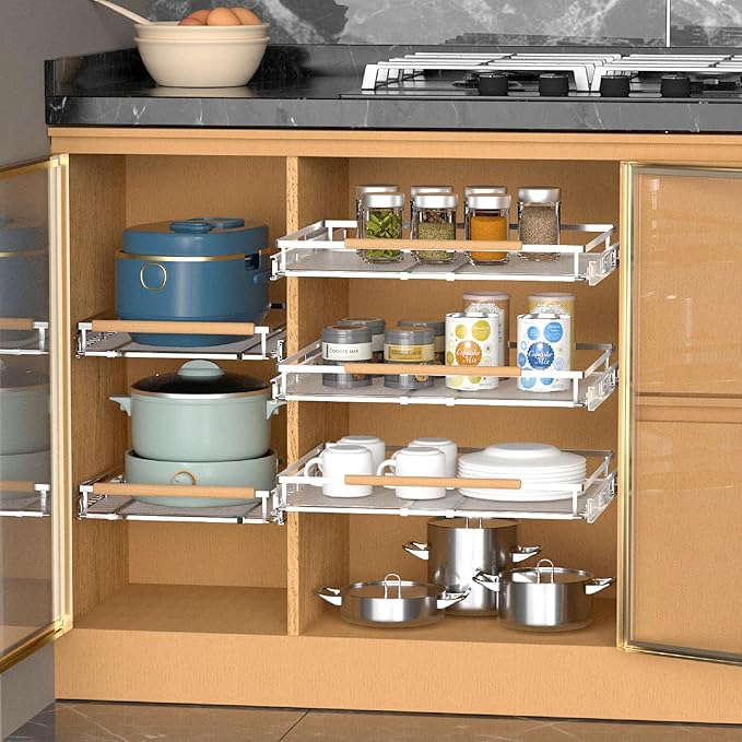Pull Out Drawer Cabinet Organizer, Expandable Slide Out Storage Shelves - Heavy Duty, Durable and Smooth Slide-Out, 16.3"~26.3" Wide x 17.3" Deep, 2 Pack