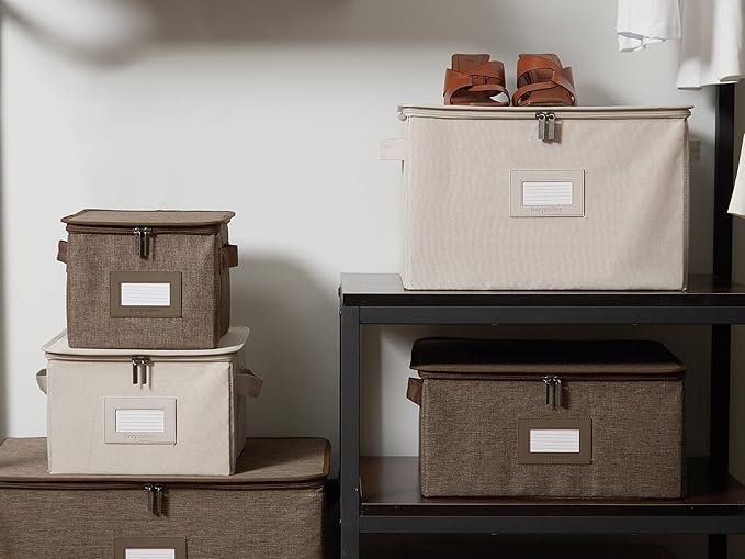 Covermates Keepsakes Zip-Top Storage Box Set, 3 Pack Heavy Duty Polyester Organizer Bins, Stackable Design, ID Window, Reinforced Handles, Closet Home Storage, Beige Heather