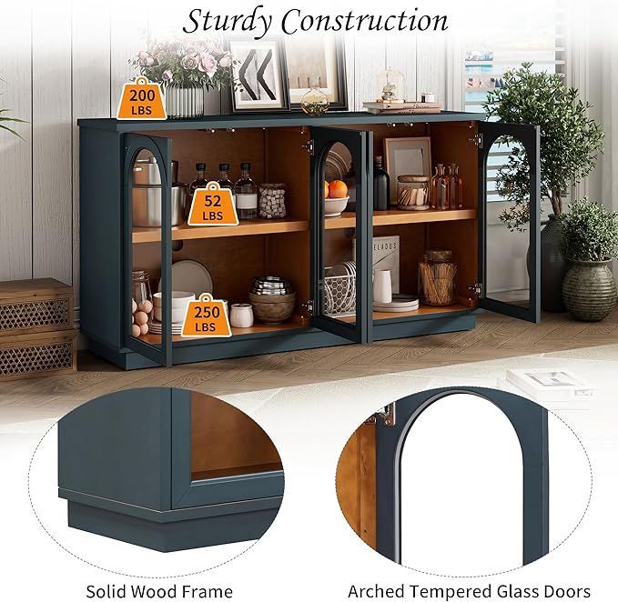 Amposei 57.7-Inch Vintage Sideboard Cabinet 4 Glass Door Storage Cabinet Buffet Console Table with Adjustable Shelves for Kitchen Entryway Dining Living Room, Navy