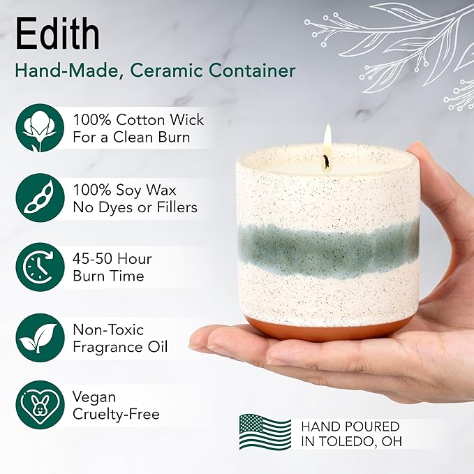 Hyggelight - The Growing Candle, Sandalwood & Vanilla Scented, 8.5oz Ceramic Pot, Aromatherapy Candles for Home, 100% Soy, Edith