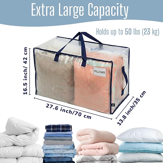 VENO 2 Pack Clear Extra Large Moving Bags & Storage Totes, Heavy Duty Organizer with Reinforced Handles & Strong Zippers for Clothes, College Dorm Essentials, Moving Supplies