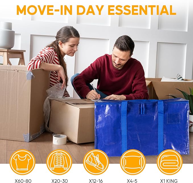 HealSmart 8 Pack Large Moving Bags with Zippers & Handles, Moving Supplies with lids, Heavy Duty Totes for Space Saving, Fold Flat, Moving and Storing, Blue