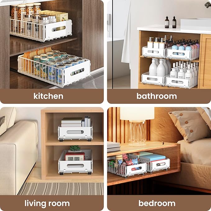 Pull Out Cabinet Organizer, 2 Pack Heavy Duty Slide Out Drawers Pantry Shelves Fixed With Strong Adhesive Glue and Handle for Kitchen, Living Room, Bathroom, Home (14.8" D X 9.6" W X 3.9" H)