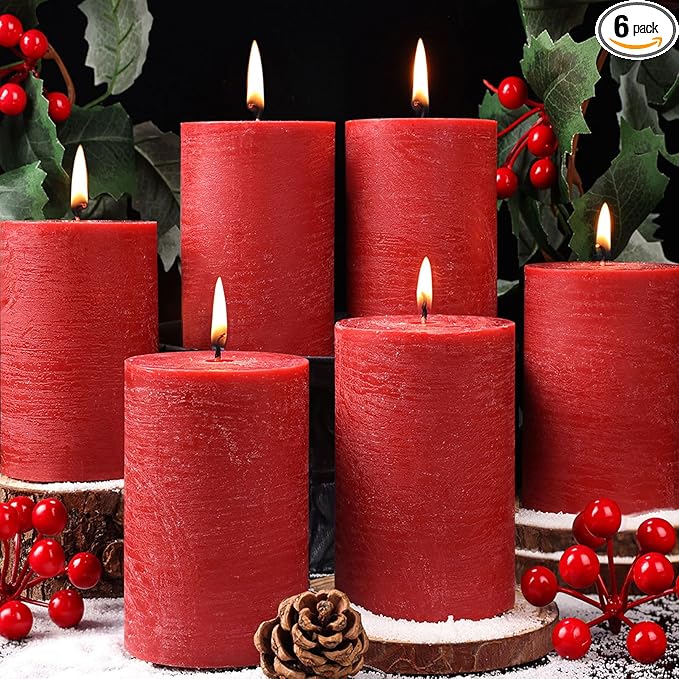 6 Pack Red Pillar Candles,Natural Soy Pillar Candles,330 H Long Lasting Burning 2.8x4in Unscented,Dripless and Smokeless Rustic Hand-Poured Candles Dinner Table,for Valentine's Day,Wedding,Home Decor