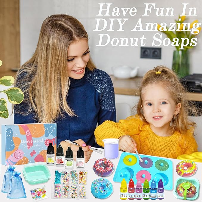 BRIPATI Soap DIY Making Kit - Soaps Crafts Supplies Set for Adults Include Soap Base, Silicone Donut Mold, Fragrance Oil, Liquid Dyes, Glitters, Birthday & Holiday Gift
