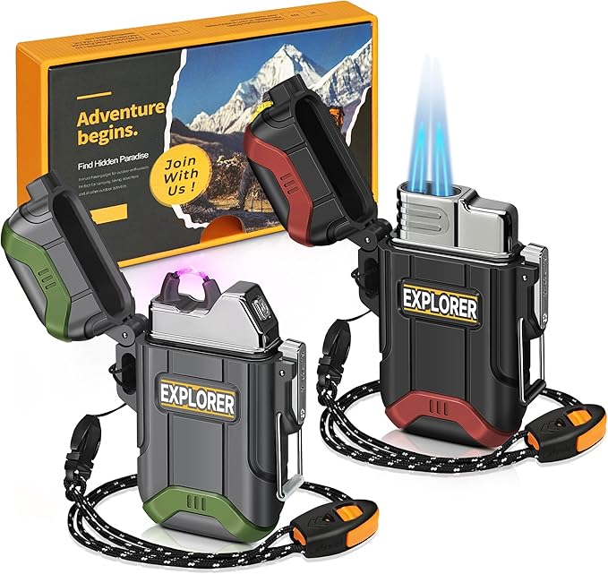 Lafagiet 2 Pack of USB-C Electric Lighter & Dual Torch Lighter Butane Gas refillable, Waterproof Windproof Lighters Multipack for Hiking, Camping, Outdoor Gear (NO Gas)