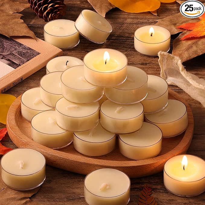 DEVI Soy Tea Lights Candles 25 Pack, Tealight Candles Bulk-4 Hours Long Burning, Unscented White Small Mini Tea Light Candles-Burn Clean, Soy Wax Melts Emergency Candles