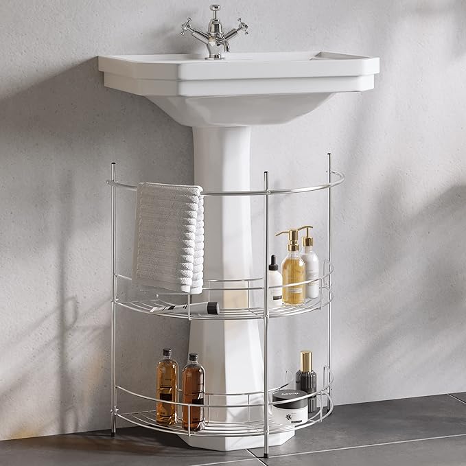 Pedestal Sink Organizer - Compact Under the Sink Rack with 2 Storage Shelves and Towel Holder - Space Saving Bathroom Storage by Lavish Home