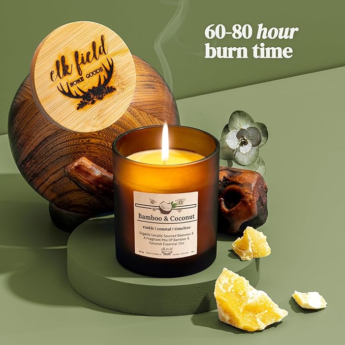 Bamboo Coconut Organic Beeswax Candle | 2 Ingredients | 100% Pure Beeswax Candles, Non Toxic, Natural, Organic Candles, Beeswax Candles Scented, Non Toxic Candles, 80 Hour, 14oz