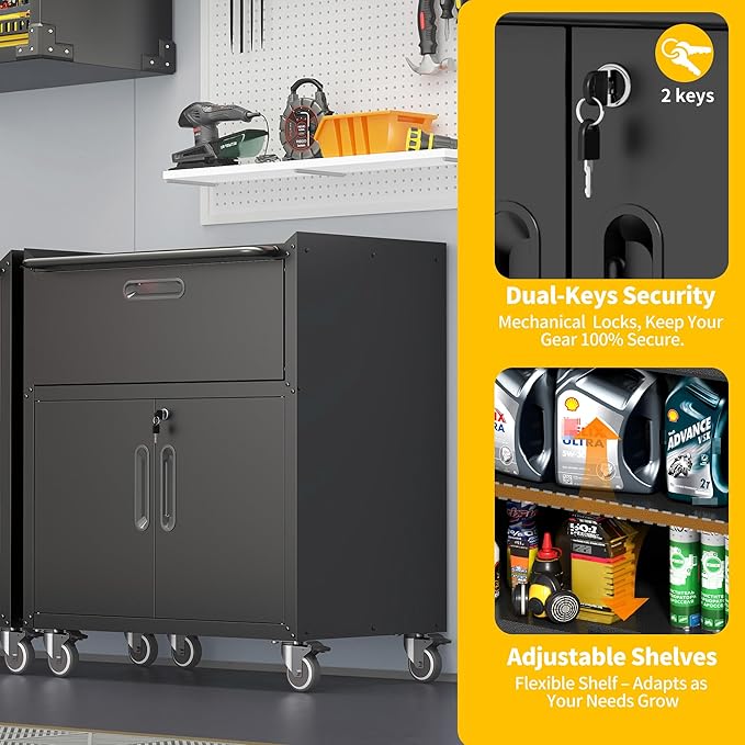 Garage Storage Cabinets with Wheels, Locking Metal Storage Cabinets with 2 Doors and 1 Drawer, Easy Assembly Tool Cabinet for Garage, Basement,Warehouse