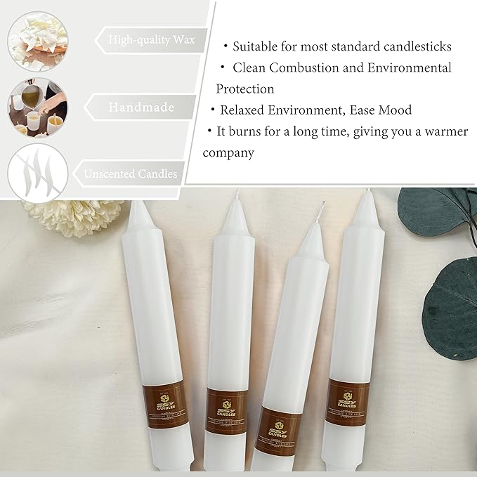 White Taper Candles 9 inch - 4 Pack Fat Candle Taper Candles Dripless, Smokeless, Unscented Tall Candlesticks - Perfect for Home Decor, Weddings, and Special Occasions
