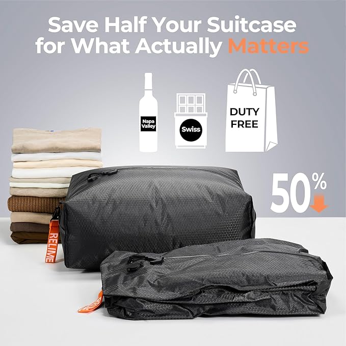 Relime Classic Series Vacuum Bags for Travel Luggage with Wireless Pump, Compression Bags for Carry On Suitcases and Backpack, Vacuum Seal Packing cube for Cloth Packing ((2PC + PUMP Gray & Green)