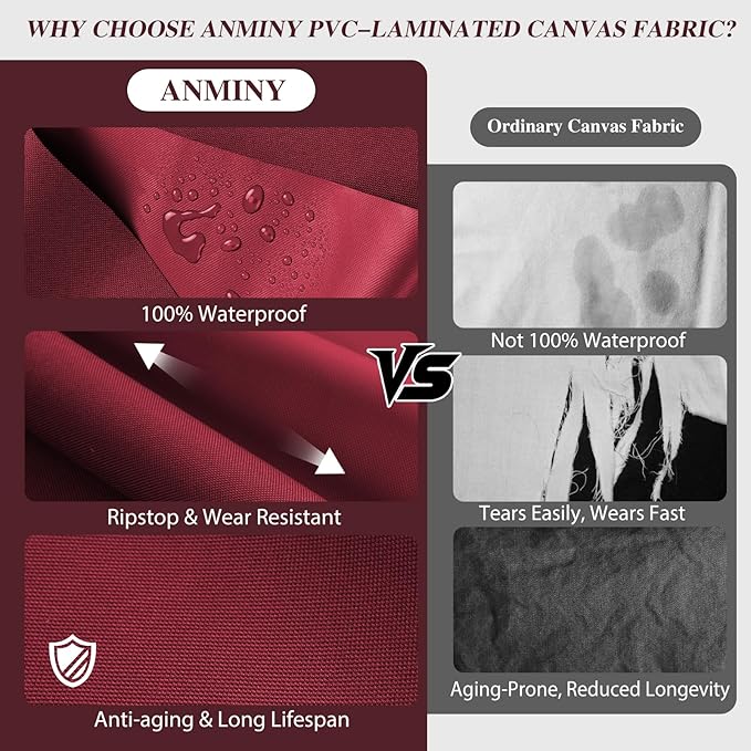 ANMINY 100% Waterproof Outdoor Fabric 10 Yards, 58" W 600D Marine Canvas Fabric with PVC Backing, Ripstop Upholstery Material by The Yard for Furniture Boat Covers Tent Awning, Wine Red
