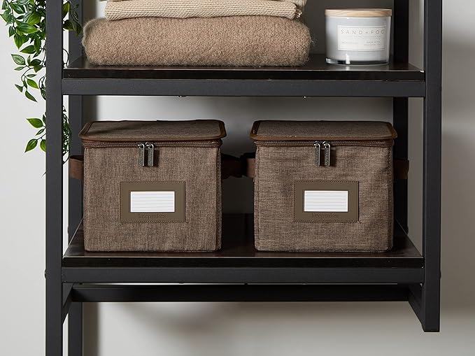 Covermates Keepsakes Zip-Top Storage Box Set, 3 Pack Heavy Duty Polyester Organizer Bins, Stackable Design, ID Window, Reinforced Handles, Closet Home Storage, Brown Heather