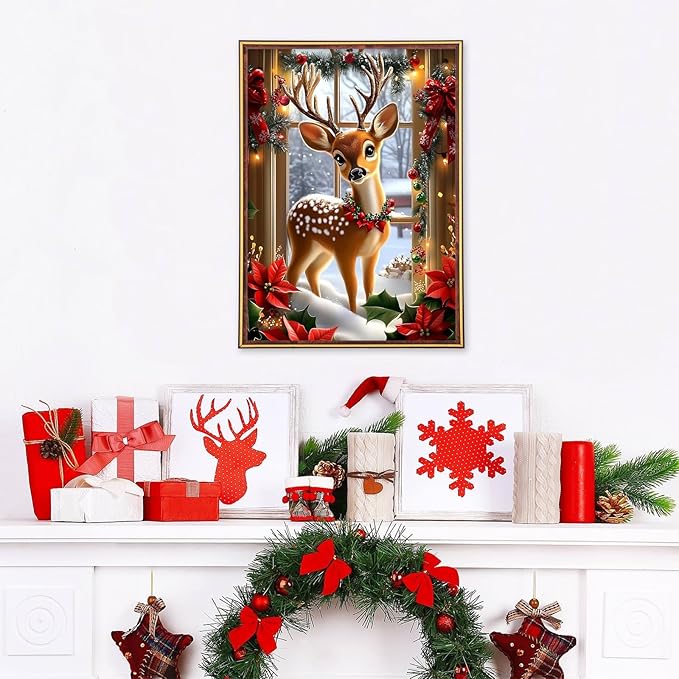 MEIYUDA Christmas Diamond Painting Kits for Adults, 5D Cute Deer Diamond Art Kits for Beginners, DIY Gem Art Crystal Painting for Home Wall Decor and Present 12x16inch