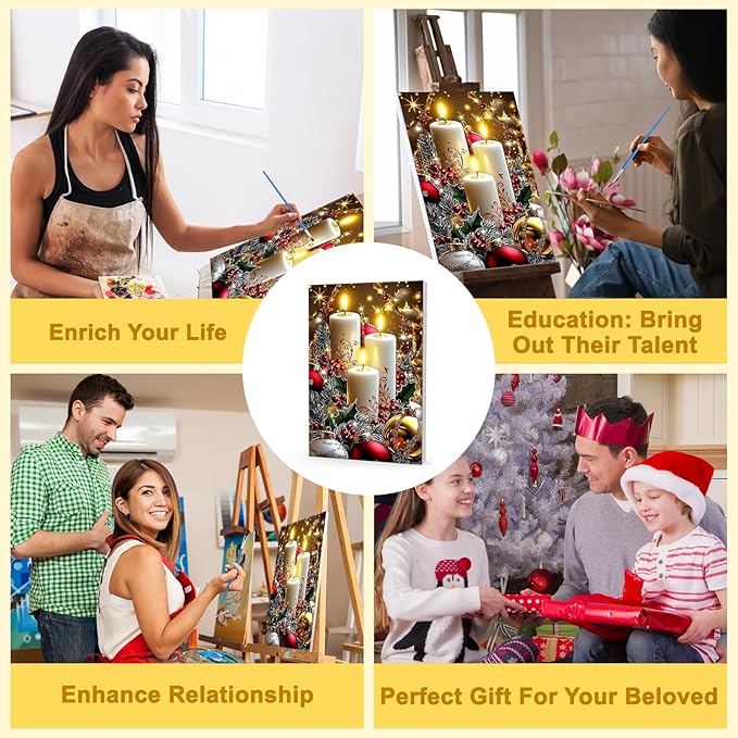 Bowetile Christmas Paint by Numbers for Adults Beginners Framed, Candles Adults' Paint-by-Number Kits, Adult Paint by Number Kits on Canvas, Acrylic Number Painting for Home Decor, 8x12in