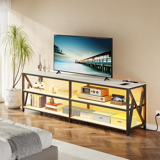 Lvifur 83“ LED TV Stand for 85 75 65 inch TV, Auto Sensor Entertainment Center with RGB Dimmable Lights, TV Console Table with Open Storage Shelves and Metal Frame (White)