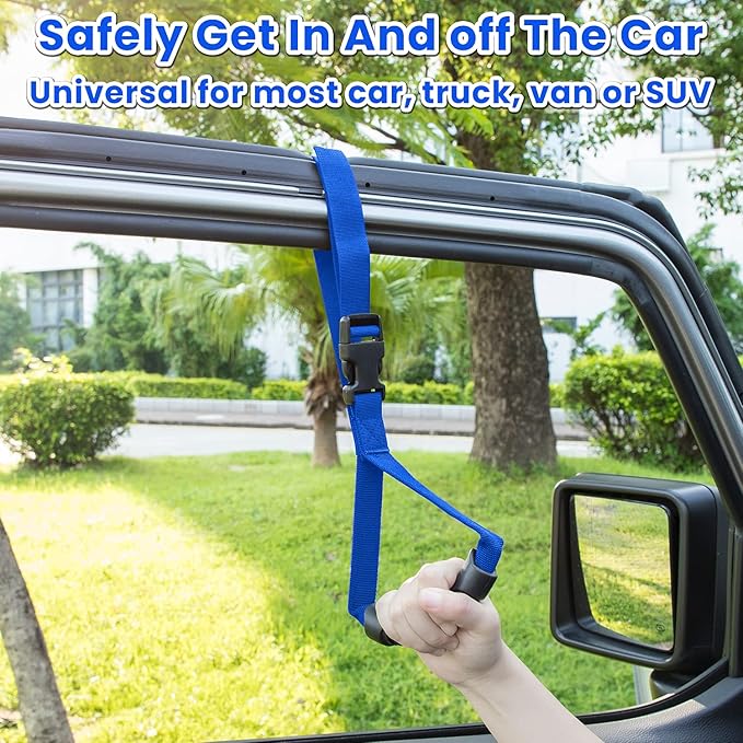 E-cowlboy Auto Cane Grab Handle - Adjustable Standing Aid Safety Portable Vehicle Support Bar With Nylon Grip - Mobility Assist Device (Blue)